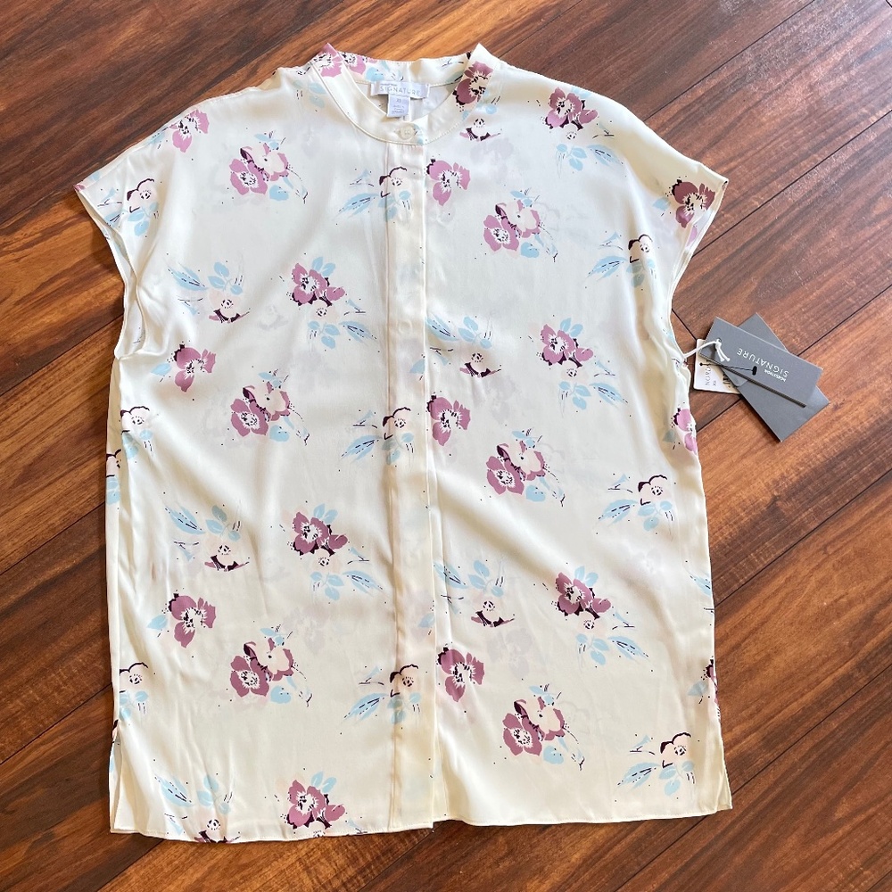 Nordstrom Signature Stretch Silk Sleeveless blouse white floral NWT XS